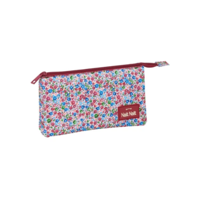 Trousse crayons Nait Nait fleurs Coimbra bourgogne – 3 compartiments zippés, 22 x 12 x 3 cm