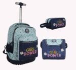 Pack Cartable trolley 45 cm trio complet (cartable + sac goûter isotherme + trousse) pour fille école primaire
