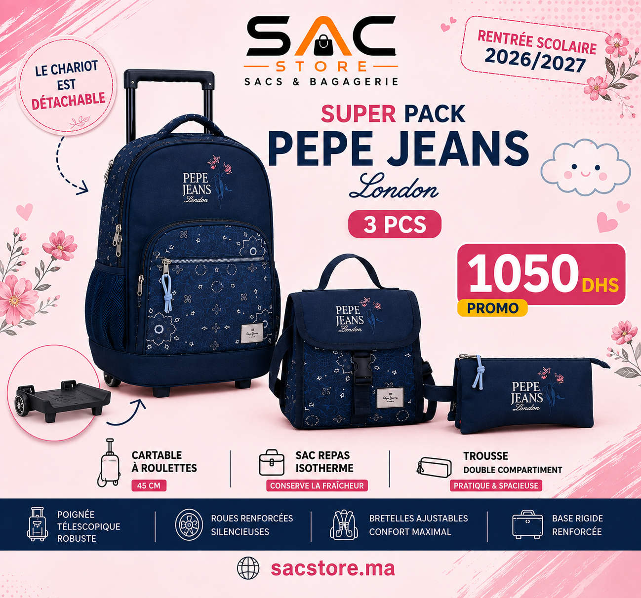 Pack Scolaire Pepe Jeans Lenay – Sac à Dos à Roulettes, Sac Repas & Trousse
