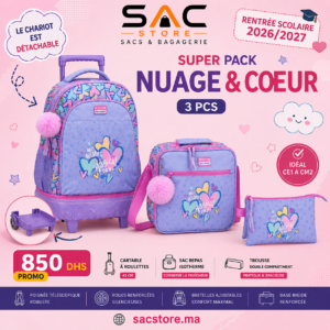 Pack Scolaire MOVOM Fille – Sac à Dos à Roulettes avec Chariot Amovible, Sac Repas & Trousse