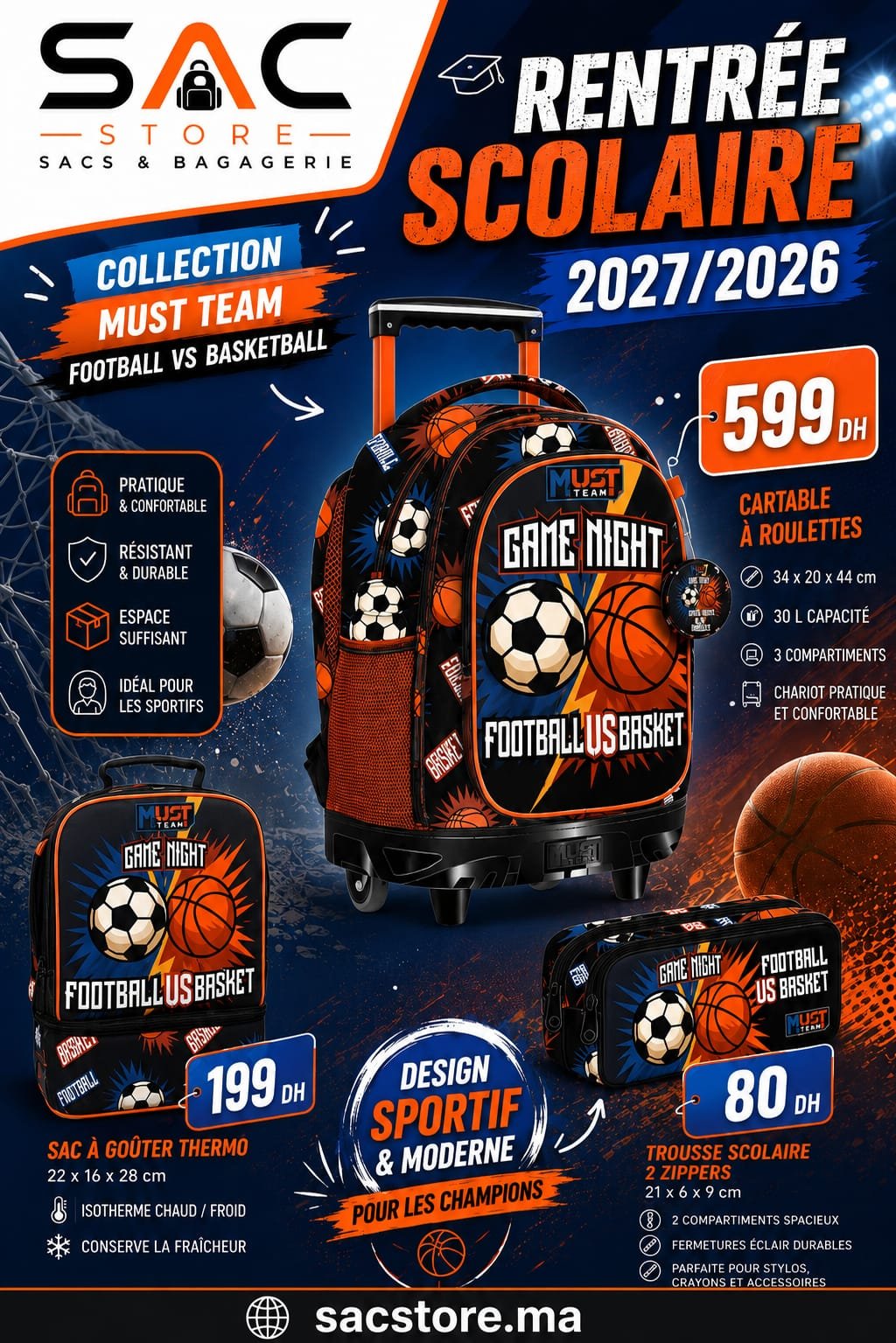 Pack Scolaire Primaire Must Team Football VS Basketball – Cartable Trolley + Sac Isotherme + Trousse