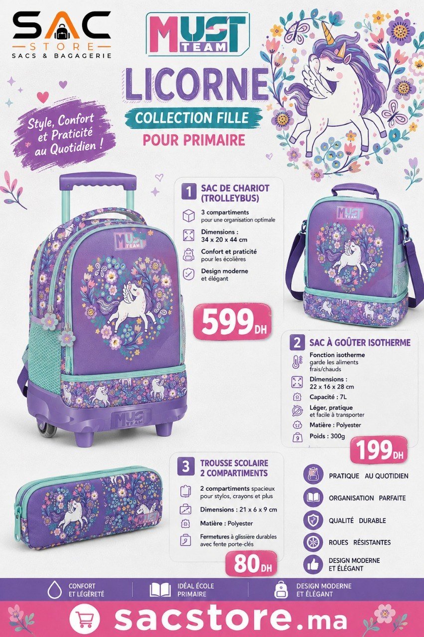 Pack Scolaire Primaire Must Team Licorne Violet – Cartable Trolley + Sac Isotherme + Trousse