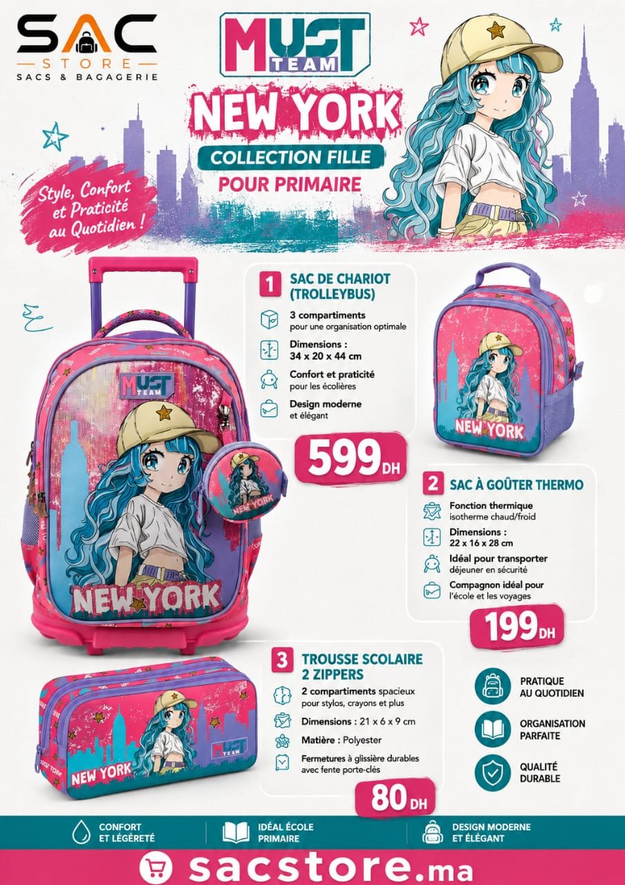 Pack Scolaire Primaire Must Team New York – Cartable Trolley + Sac Isotherme + Trousse