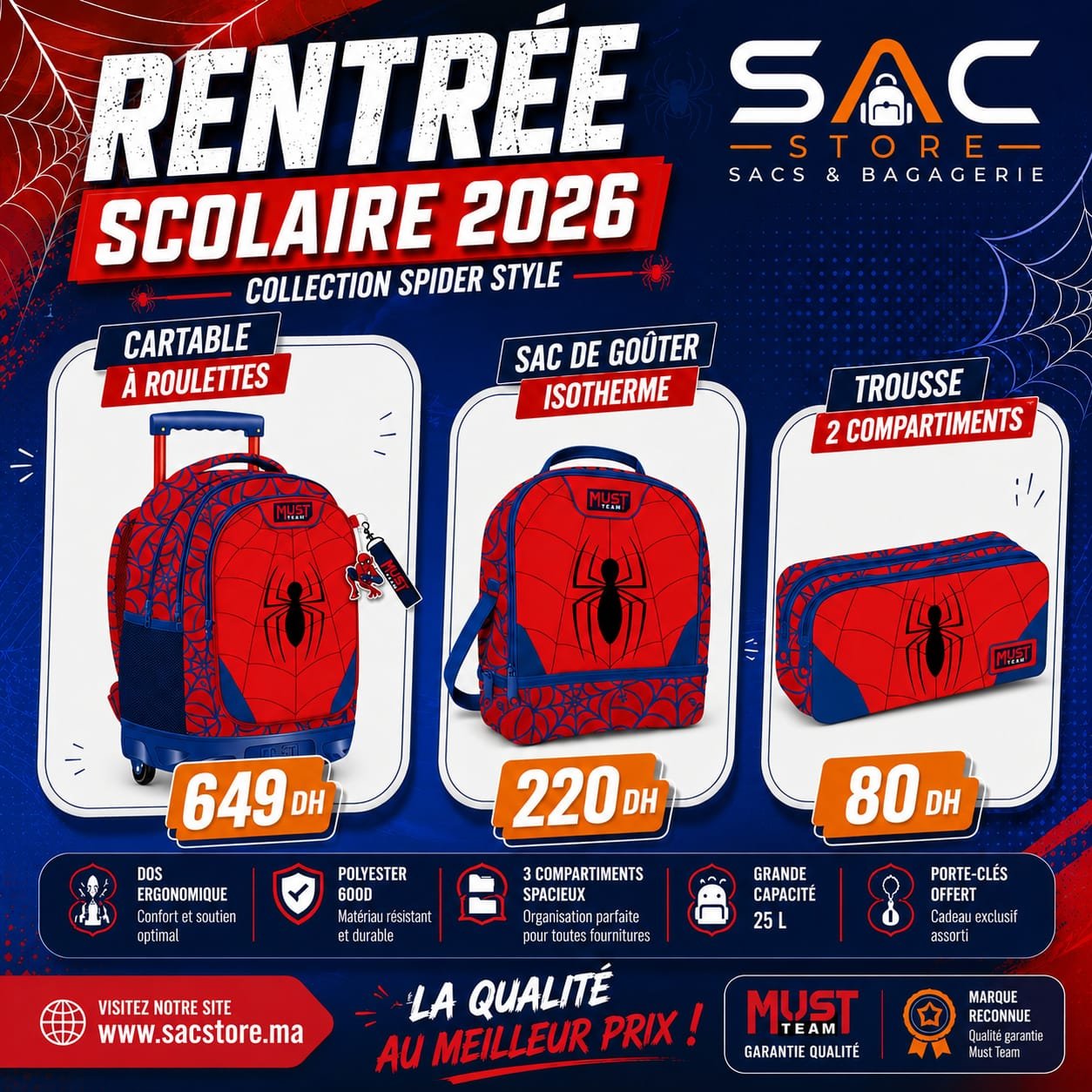 Pack Scolaire Primaire Spider Style Must Team – Cartable à Roulettes + Sac Isotherme + Trousse
